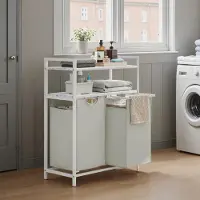 Songmics Wasmand – Metaal en stof – Zwart en grijs – Dubbele uittrekbare zakken met schappen