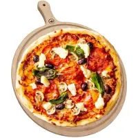 Dutchdeluxes vaatwasbestendige snij- of presentatie- of pizzaplank van 100% massief hout - Rond Medium - 35cm Diameter - Met handvat en ophanglus - Hout - Vaatwas veilig