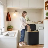 Songmics Grote wasmand – Oxford-stof – Inktzwart – 3 vakken met deksel en uitneembare mesh-voering