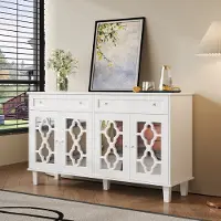 STILVORA Dressoir - 4 Spiegeldeuren Met Kristallen Grepen En 2 Lange Lades - Verstelbare Planken Voor Extra Opbergruimte - MDF - 140x40x83 cm - Wit