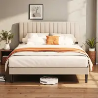 KUTAS Gestoffeerd bed - 140x200 cm - met Hoofdbord en Lattenbodem - Metalen Bedframe - Tweepersoonsbedden - met 17 cm Opbergruimte - Stevig - Stil - Gemakkelijk te Monteren - Grijs