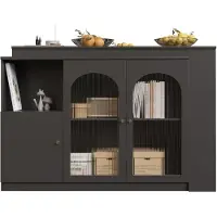 OKWISH 360° draaibare barkast 120×40×97 cm – zwart MDF, glazen deur, draaibaar en ruime opberging