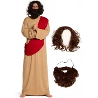 Partychimp 4-Delig Jezus Kostuum Gewaad/Sjaal/Pruik/Baard Jezus Pak Verkleedkleding Volwassenen Carnavalskleding Carnaval Kostuum Heren - Beige -Polyester - One Size