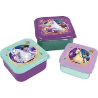 Stor Unicorn Academy 3-in-1 Snackdoosjes - 3 formaten - Vierkant - Sluit goed af - Lunchboxen voor kinderen - Los deksel - Geschikt voor koekjes, fruit en snacks - Paars/Groen