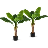 KOMFOTTEU Set van 2 kunstbananenbomen 107 cm, kunstplant in pot met realistische stam en takken, 7 bladeren van PEVA, decoratieve plant voor ingang, kantoor, woonkamer