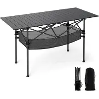 KOMFOTTEU Klaptafel van aluminium, draagbare campingtafel met luierplaat, netmand en draagtas, ruimtebesparende picknicktafel voor buiten, 119 x 55 x 69 cm (zwart)