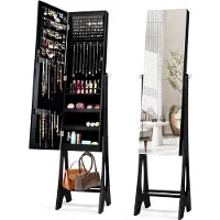 Costway Sieradenkast, staande spiegel, afsluitbaar, 2-in-1 full-body spiegel met sieradenopslag, spiegelkast met 12 leds, vrijstaand