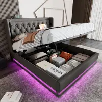 MODFU Bedframe 180x200 cm – Katoen met getuft wingback hoofdbord & LED – Hydraulisch – Grijs