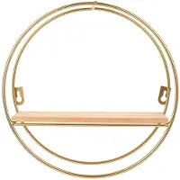 LONGZIMING -Rond Wandrek Goud – Scandinavisch Zwevend Wandplankje met Hout en Metaal – Decoratief Wandrek voor Woonkamer, Slaapkamer en Kantoor