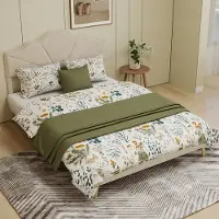 OKWISH Gestoffeerd Bed 160x200 cm – Geometrisch Hoofdbord Met Siernagels – Lattenbodem – Zonder Opbergruimte – Slaapkamer – Beige