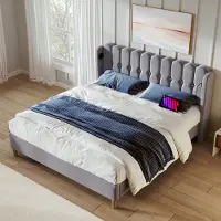 MODFU - Bedframe 180x200 cm – Linnen met wingback design & USB/Type-C – Grijs