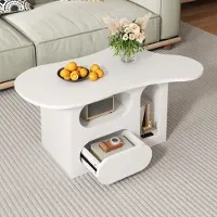 OKWISH Salontafel – Wolkvormig Blad – Lades Met Gebogen Front – Open Opbergvakken Voor Woonkamer – Spaanplaat Wit – 97×45×43,5 Cm
