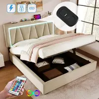 Merax Gestoffeerd bed, tweepersoonsbed met opbergruimte, gestoffeerd bed met LED-verlichting, USB-oplaadfunctie en opbergbedframe, zonder matras, beige, 160 x 200 cm