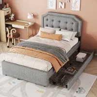 STILVORA Eenpersoonsbed 90x200 cm - Gestoffeerd Bed Met Gebogen Hoofdeinde Met Decoratieve Nieten En Laden - Perfect Voor Volwassenen - Linnen - Grijs