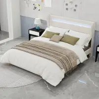 OKWISH Gestoffeerd Bed 160x200cm – Led Sfeerverlichting Met Verstelbaar Hoofdbord – Stabiel Lage Bedbasis – Zonder matras – Beige