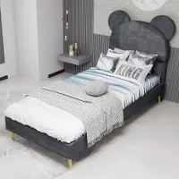 OKWISH Gestoffeerd Bed 90x200cm – Cartoon Hoofdbord – Gasveer Opbergruimte – Stevig Frame – Kinderkamer Bed – Stof Metaal – Zonder Matras – Grijs