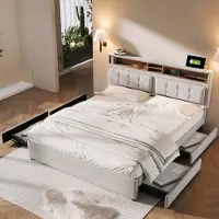 Merax Gestoffeerd tweepersoonsbed met in hoogte verstelbaar hoofdeinde en 4 laden, USB-oplaadfunctie en hoofdeinde opbergruimte, zonder matras, beige, 140 x 200 cm