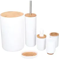 Alpina Badkamerset - Toiletset - 6-Delig - Zeepdispenser - Tandenborstelhouder - Toiletborstel - Prullenbak - Zeepbakje - Beker - Bamboe - Wit