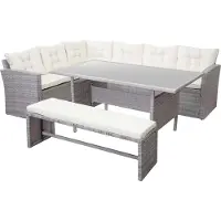 Mendler Polyrotan-set -A29, tuinset zitgroep lounge-eettafel-set bank ~ lichtgrijs, kussens crème + bank