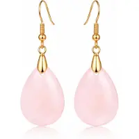 LGT JWLS Goudkleurige Oorbellen voor Dames met Druppelvormige Roze Kwarts Hanger
