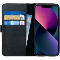 Rosso Deluxe Echt Leer Book Case Hoesje Geschikt voor Apple iPhone 13 Mini | Ruimte voor drie pasjes | Portemonnee Book Case | Met Pasjeshouder | Zwart