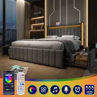 SINGULARITY -Gestoffeerd bed USB Type C LED en 4 lades- jeugdbedden 140x200cm tweepersoonsbed opbergbedden bedframe- grijs zonder matras
