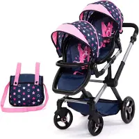Bayer - Tweeling poppenwagen Twin Xeo, wagen, verstelbare handgreep, tas, blauw, roze, sterren