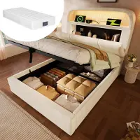 Merax Eenpersoonsbed 90x200 cm - met verstelbare hoofdbord - LED-verlichting en USB/Type-C oplaadstation - met opbergruimte - beige - met matras