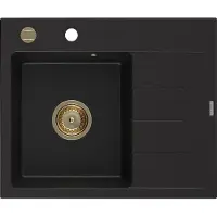 Mexen Ben 1-kamer granieten spoelbak met afdruiprek, links 600 x 500 , zwart, gouden sifon - 6522605000-77-G