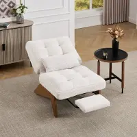 OKWISH Loungestoel – 1-Zits Met Verstelbare Rugleuning En Voetsteun – Inclusief Lendenkussen – Ribstof – Voor Woonkamer/Slaapkamer – Beige – Houten Poten