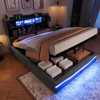STILVORA Gestoffeerd Bed 140x200 cm – Hydraulisch Opbergbed Met Ledverlichting – Hoofdbord Met Oplaadpunten En Opbergruimte – Zonder matras – Grijs