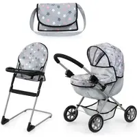 Bayer Cosy Poppenwagen set, opvouwbaar, zachte handgreep, met kinderstoel, tas, grijs