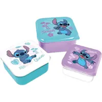 Stor Disney's Stitch 3-in-1 Snackdoosjes - 3 formaten - Vierkant - Sluit goed af - Lunchboxen voor kinderen - Los deksel - Geschikt voor koekjes, fruit en snacks - Paars/Wit/Groen