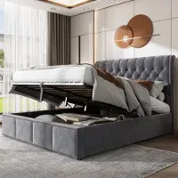 SINGULARITY -Gestoffeerd bed- met hydraulische hendel- functioneel bed met opbergruimte- klinknageldecoratie- 140 x 190 cm- zonder matras- fluweel- grijs