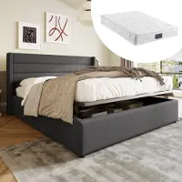 SINGULARITY -Opbergbed- gestoffeerd bed- hydraulisch tweepersoonsbed 140x200cm- inclusief matras- bed met metalen lattenbodem- linnen- grijs