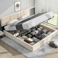 SINGULARITY -Gestoffeerd bed- tweepersoonsbed- hydraulisch functioneel bed- fluweel- gestreepte stijl- continentaal bed- in hoogte verstelbaar hoofdeinde- 160 x 200- beige- zonder matras