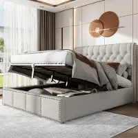 SINGULARITY -Bed bekleed met katoen en linnen- met hydraulische hendel- opbergruimte voor bedlades- decoratie met klinknagels- 140 x 200 cm- zonder matras