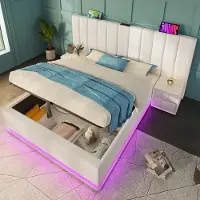 MODFU Opbergbed Met Hydraulische Lift - Ledverlichting Met App- Of Afstandsbediening - 3 Usb En Usb-C - Pu - Wit - 160 X 200 Cm