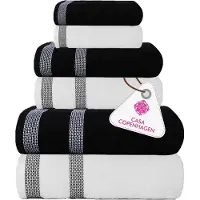 Copenhagen Solitaire Mix-handdoc 600 g/m² Egyptische tegels voor hotels, spa's, kamers en badkamers, 6-delige set met 2 badkamers, 2 handen, 2 washandjes – wit + zwart