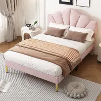 STILVORA Gestoffeerd Bed 140x190 cm – Schelpvormig Hoofdbord Verstelbaar – Houten Lattenbodem – 22 Cm Ruimte Onder Bed – Zonder matras – Fluweel – Roze