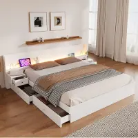 OKWISH Ledikant 180x200 Cm – Met Usb Aansluitingen En Stopcontact – App Bedienbare Led Verlichting – Met Lades En Nachtkastjes – Zonder Matras – Wit