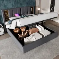 SINGULARITY -Tweepersoonsbed met draadloos opladen USB C- gestoffeerd bedframe 180x200cm- bedframe met opbergruimte lattenbodem grijs zonder matras