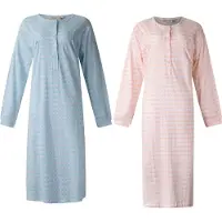 Lunatex - 2 dames nachthemden 5027 lange mouw - nachtjapon van 100% katoen - blauw en peach met print - maat L