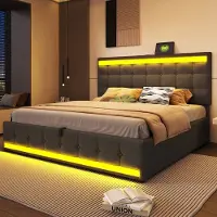 MODFU Gestoffeerd ledikant 180x200 cm – linnen look grijs – met RGB LED, verstelbaar hoofdbord en 2 USB – luxe design