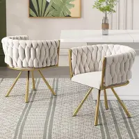 MODFU Eetkamerstoel set van 2, fluwelen bekleding, 360° draaibaar, metalen vierpoten, beige/goud