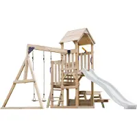 Axi Mette Compleet Speeltoestel met 2 Schommels, Picknicktafel | Speeltoren tuin met Schommels/Zandbak/Glijbaan Wit /Telescoop| Speelhuis van hout op palen voor buiten