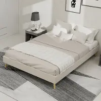 MODFU - Bedframe 140x200 cm – Dutch velours met nietaccenten – Opbergruimte onder bed – Beige