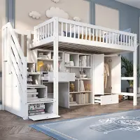 STILVORA Kinderbed 90x200cm – Bed Met Bureau & Opbergtrap – Kast, Laden En Afsluitbare Vakken – Zonder matras – Massief Hout En MDF – Wit