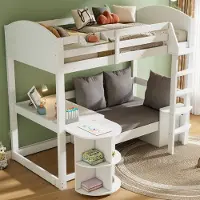 OKWISH Hoogslaper 90x200cm – Kinderbed Met Uitschuifbare Tafel – Met Opbergsofa En Rekken – Zonder matras – Massief Hout – Wit