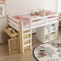 OKWISH Hoogslaper 90x200cm – Met 2 Opbergkasten En Ladder – Ruimtebesparend Kinderbed – Massief Hout En MDF – Zonder matras – Naturel Wit